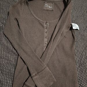 Aerie Brown Long Sleeve Ribbed Tee